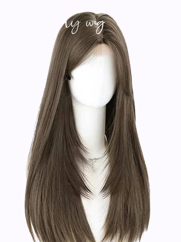 Green Brown Long Straight Synthetic Wig – 24 Inch