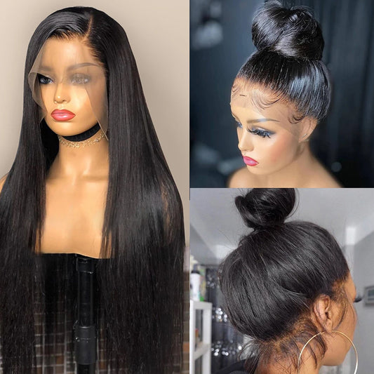 Collage of a black wig on a mannequin head, styled in a high bun, and from the back.
