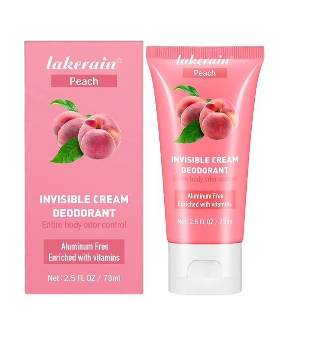 Lakerain Peach Invisible Cream Deodorant packaging on a white background