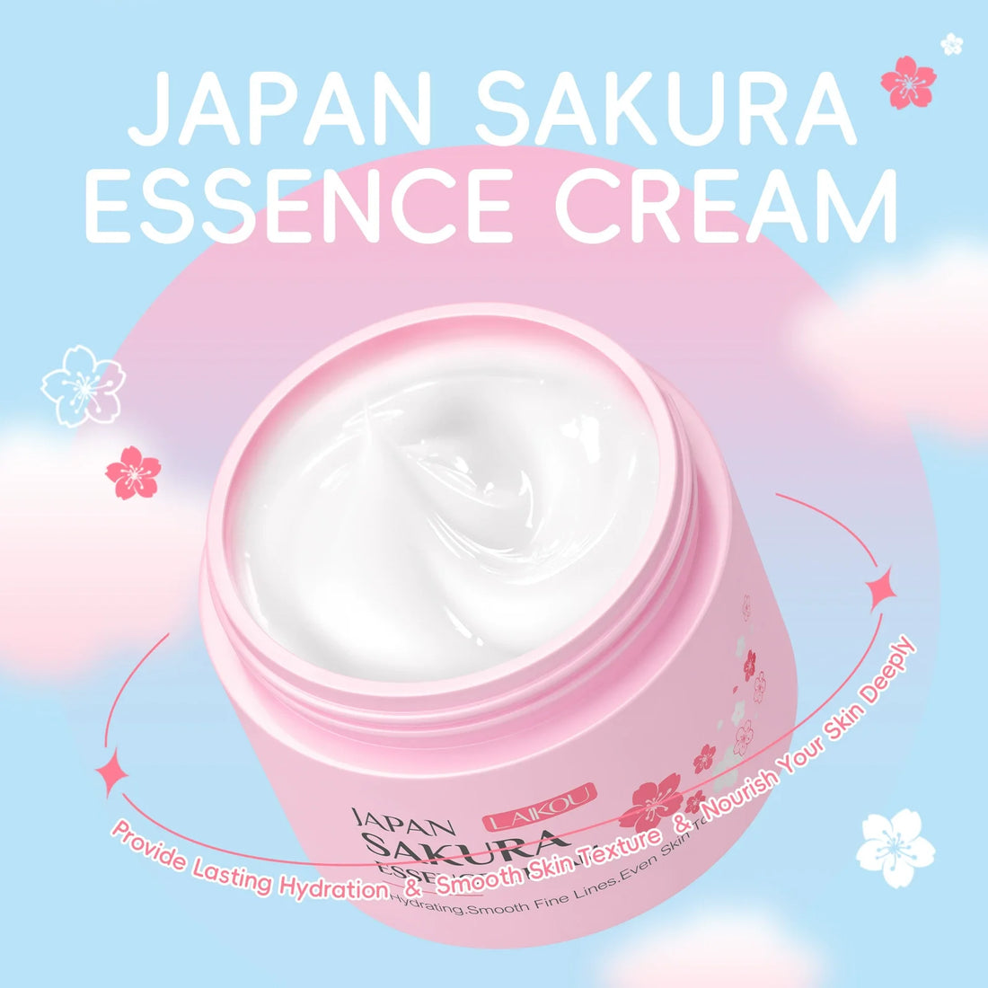 Pink jar of LAIKOU Sakura Essence Cream on a white background