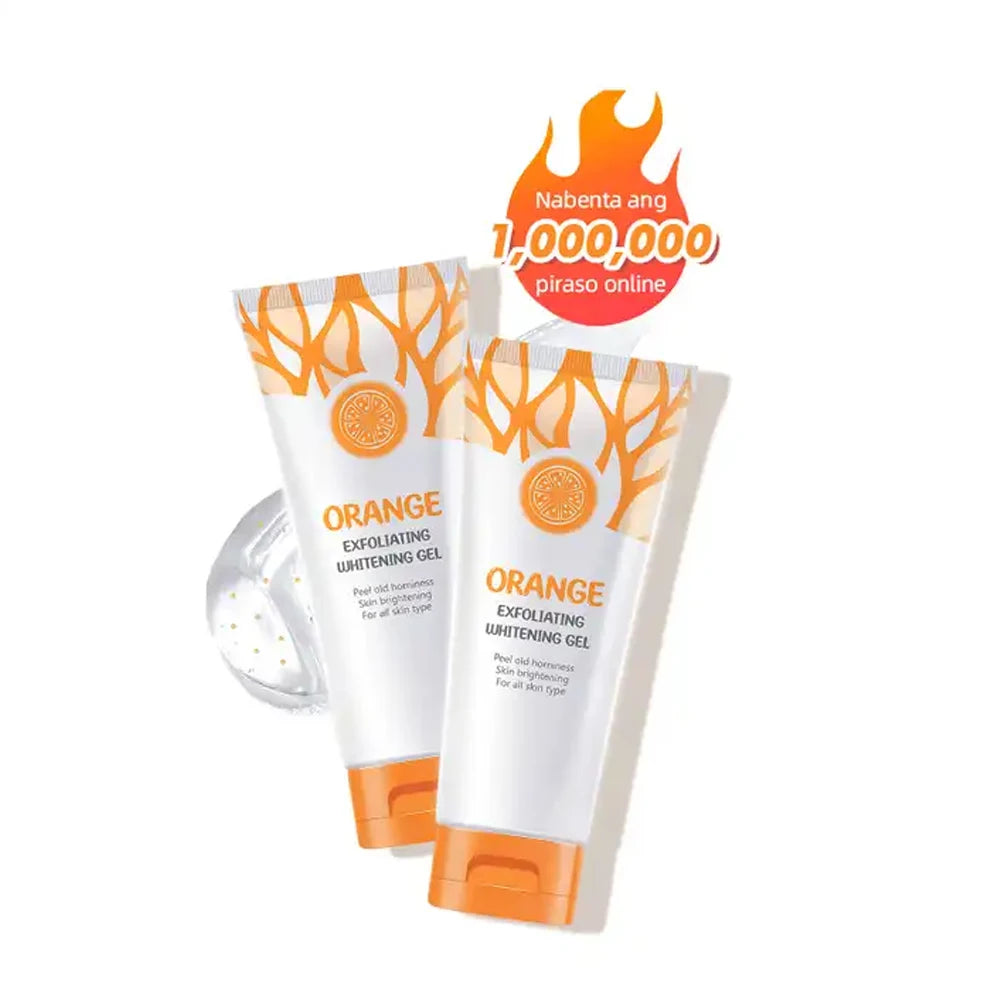 Two tubes of orange exfoliating whitening gel with a promotional banner on a white background.
