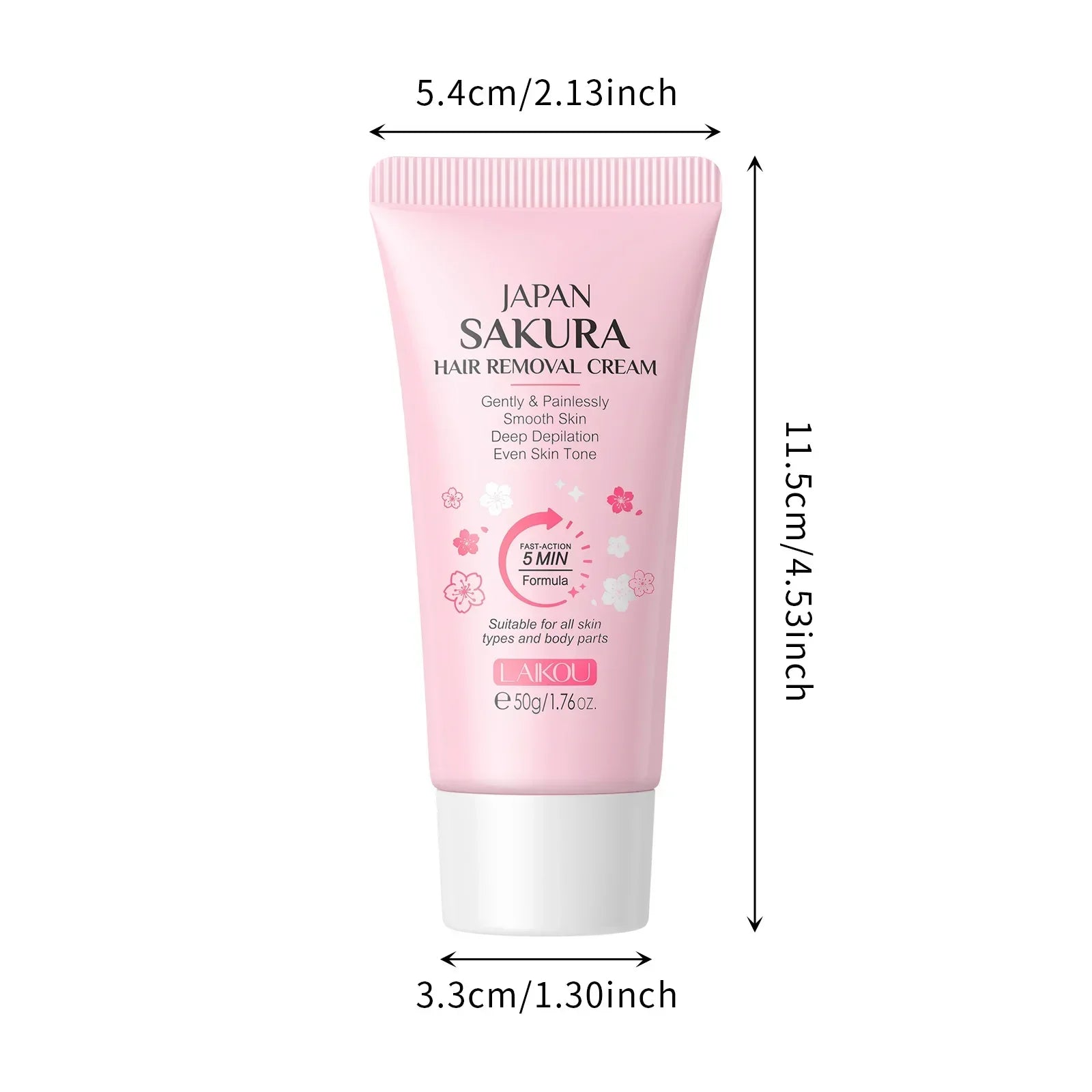 Pink hair removal cream tube with measurements on a white background