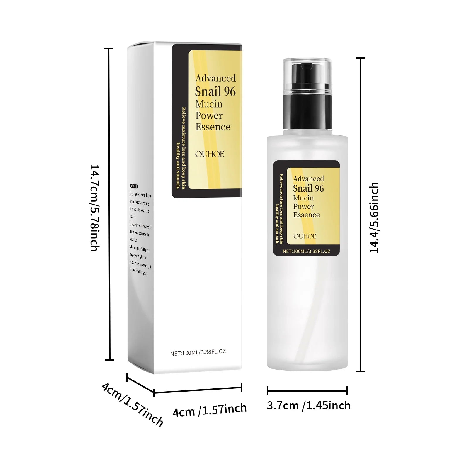 Ollio Advanced Snail 96 Marine Power Essence bottle and packaging with dimensions on a white background