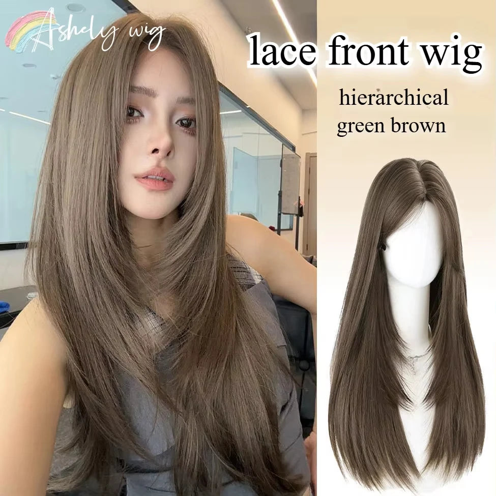 Green Brown Long Straight Synthetic Wig – 24 Inch