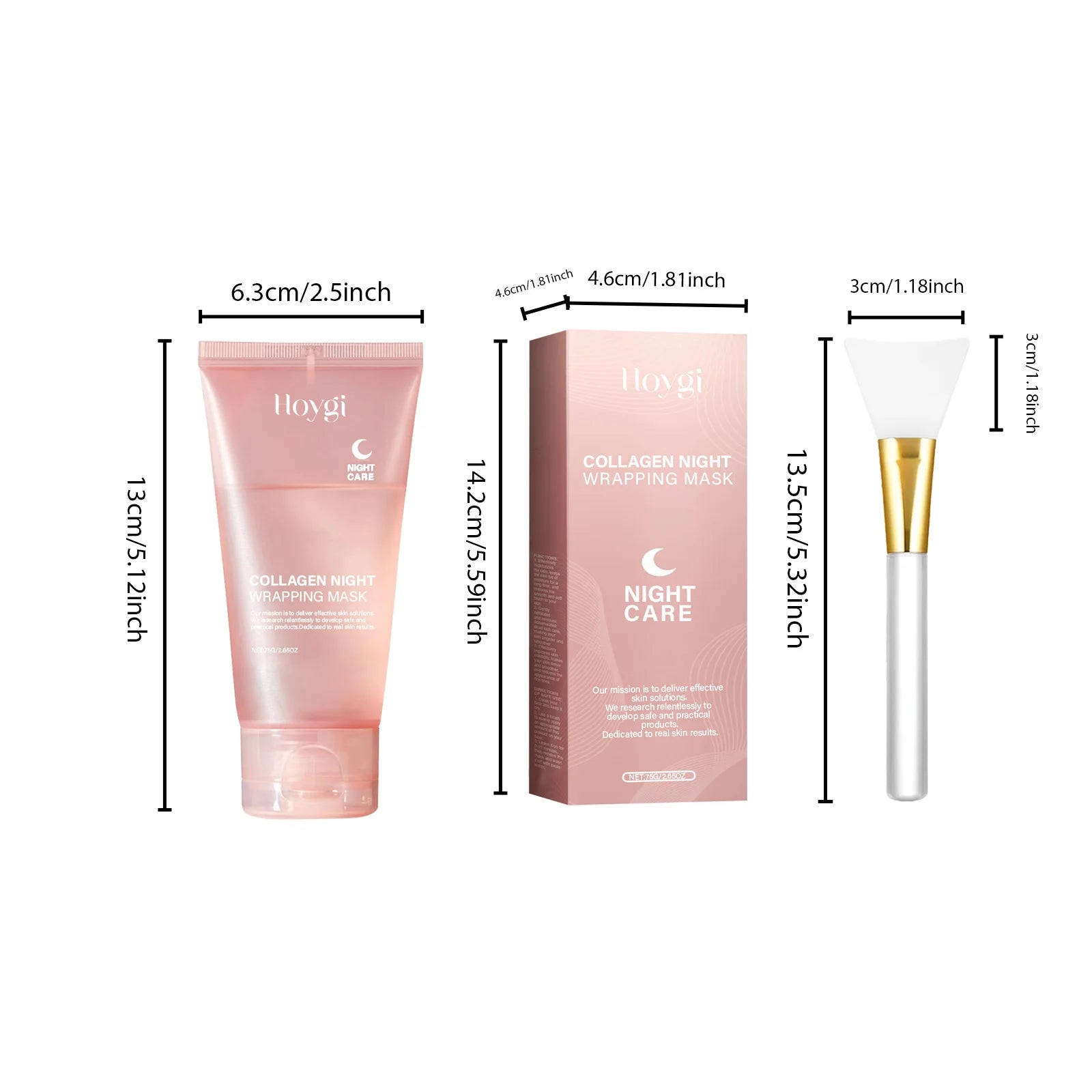 Measurement chart of Hoya skincare products including a tube, box, and brush on a white background.