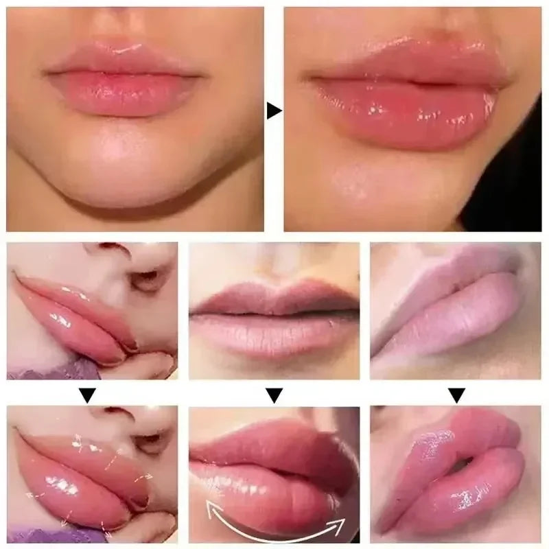 Collage of close-up images of lips with different lip products applied.
