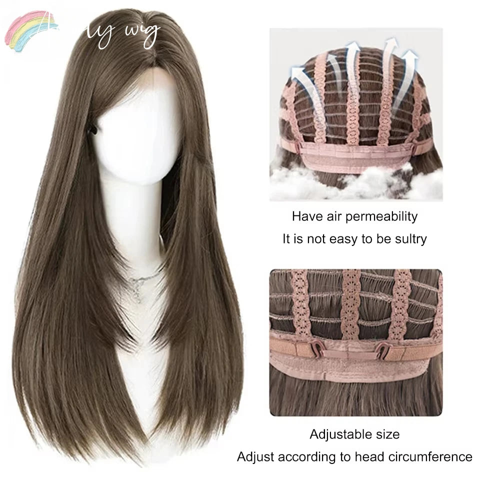 Brown wig on a mannequin head with close-up details of the hair extensions.