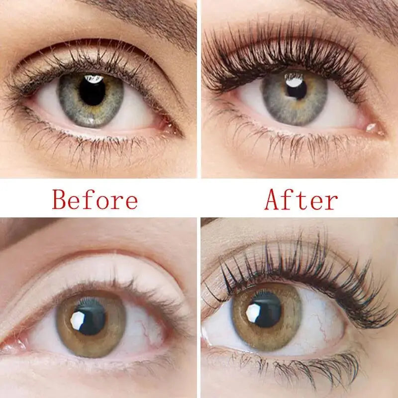 Eyelash growth serum with packaging, close-up of eye before and after use.