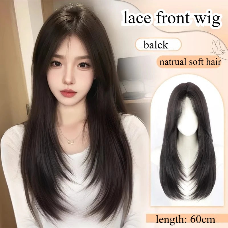 Green Brown Long Straight Synthetic Wig – 24 Inch