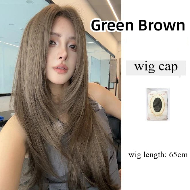 Green Brown Long Straight Synthetic Wig – 24 Inch