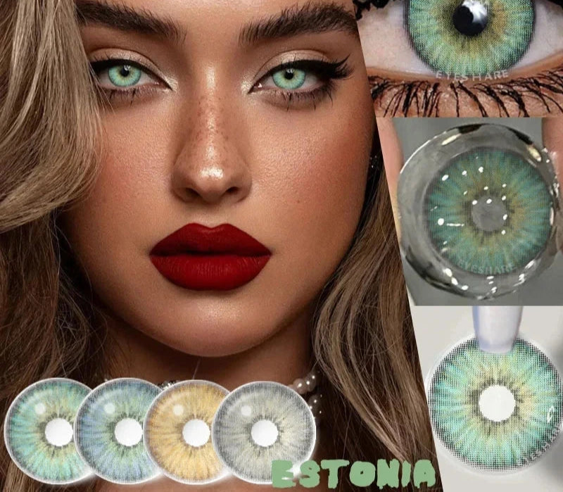 Advertisement for EYESHARE color contact lenses with a woman wearing green lenses, close-up of lenses, and color options.
