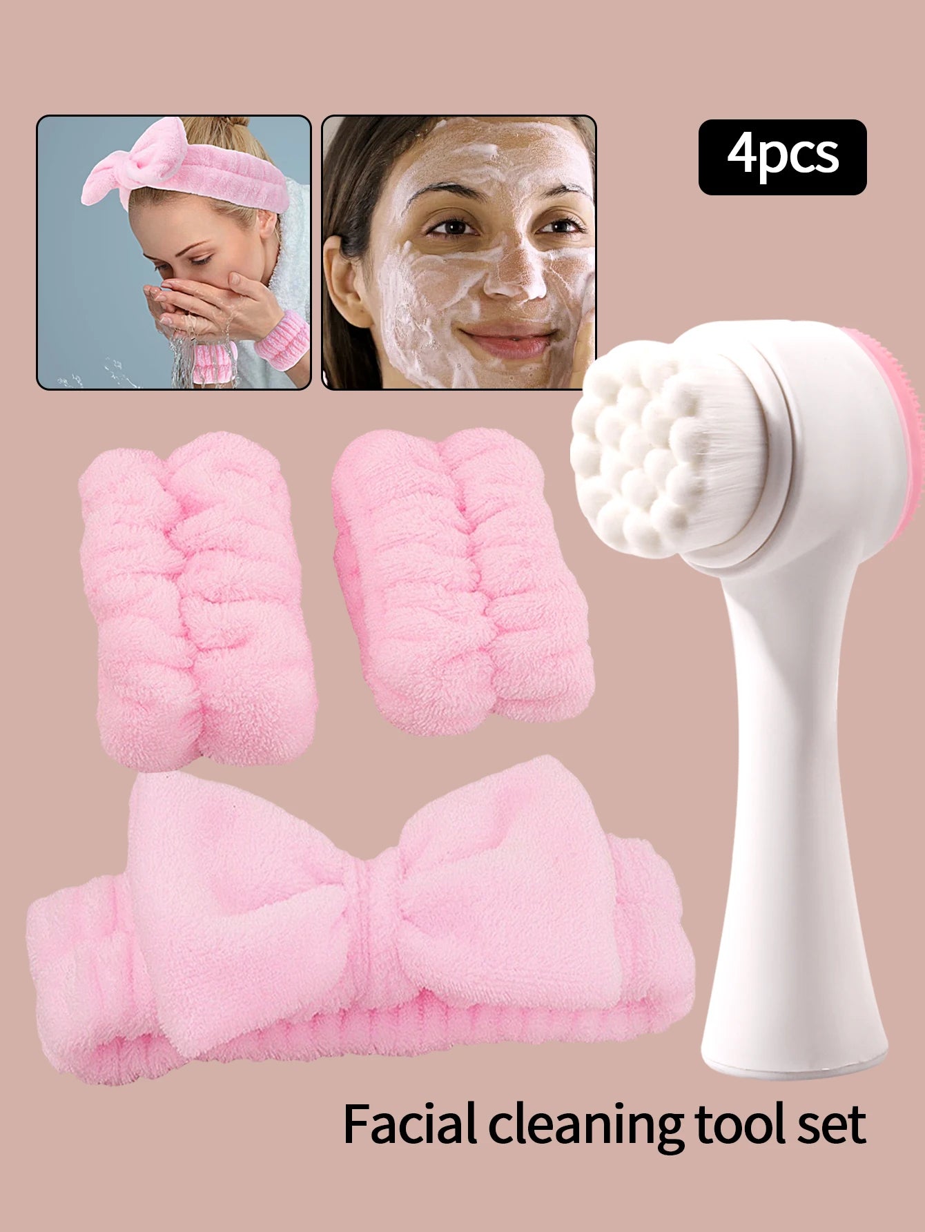 Spa Headband &amp; Wristband Set with 2-in-1 Facial Cleansing Brush