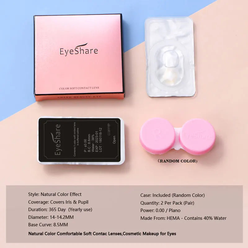 Advertisement for EYESHARE color contact lenses with a woman wearing green lenses, close-up of lenses, and color options.