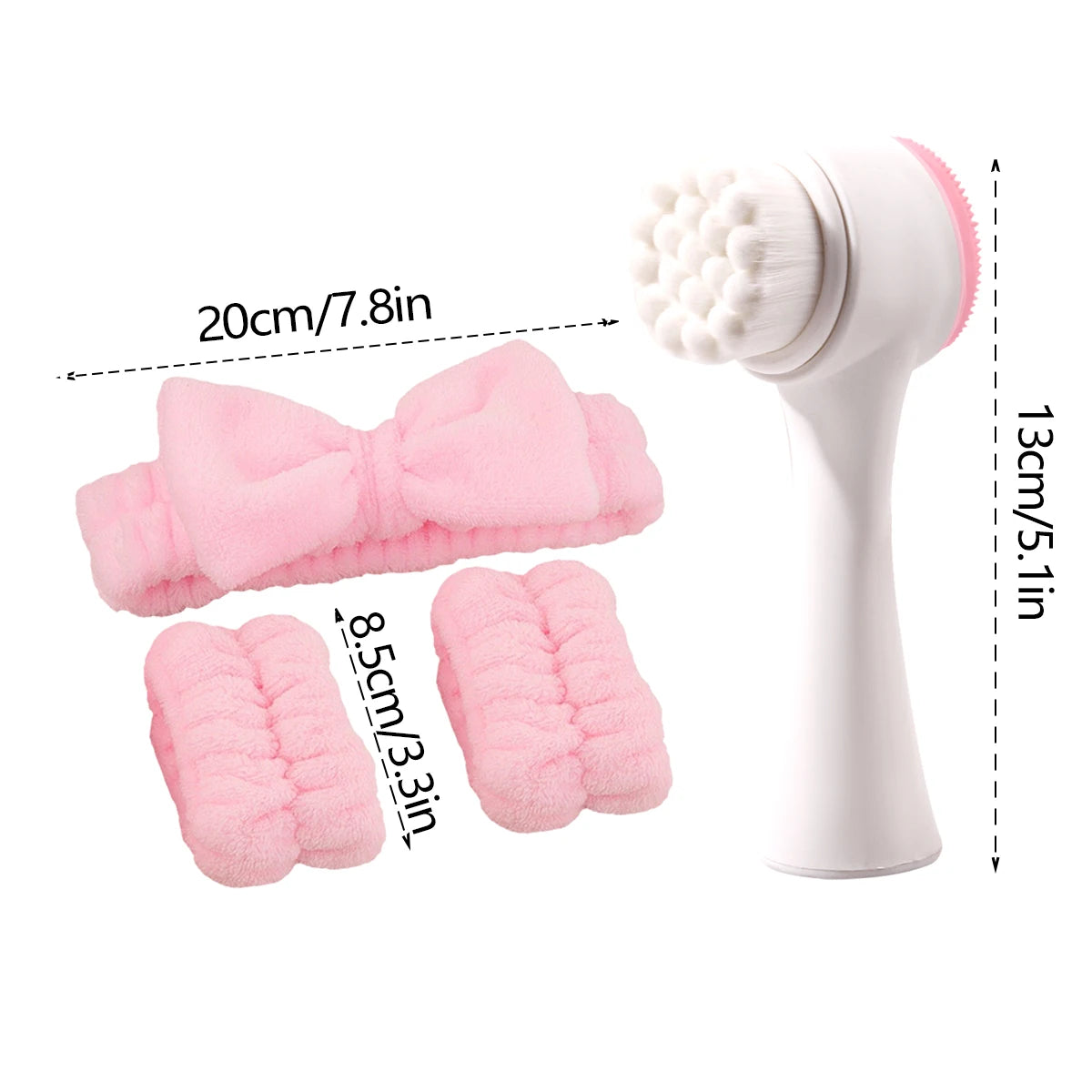 White facial cleansing brush with pink attachments and measurements on a white background