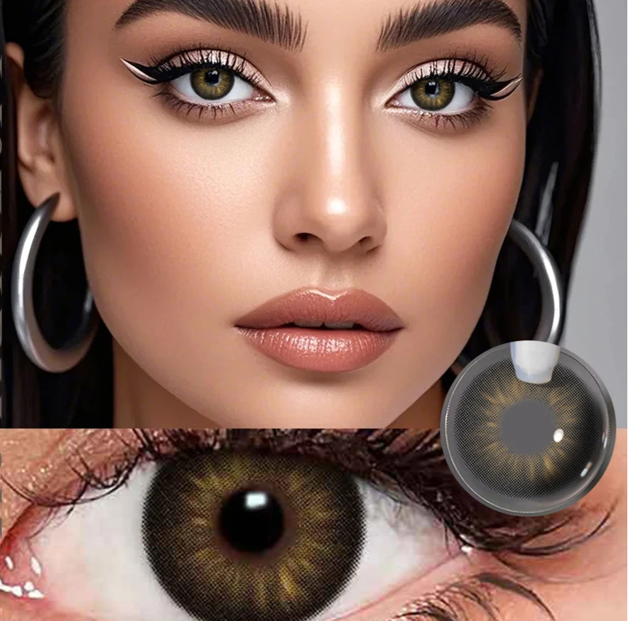 Close-up of a woman's face with detailed eye makeup and contact lenses, featuring the brand 'UYAAI'.