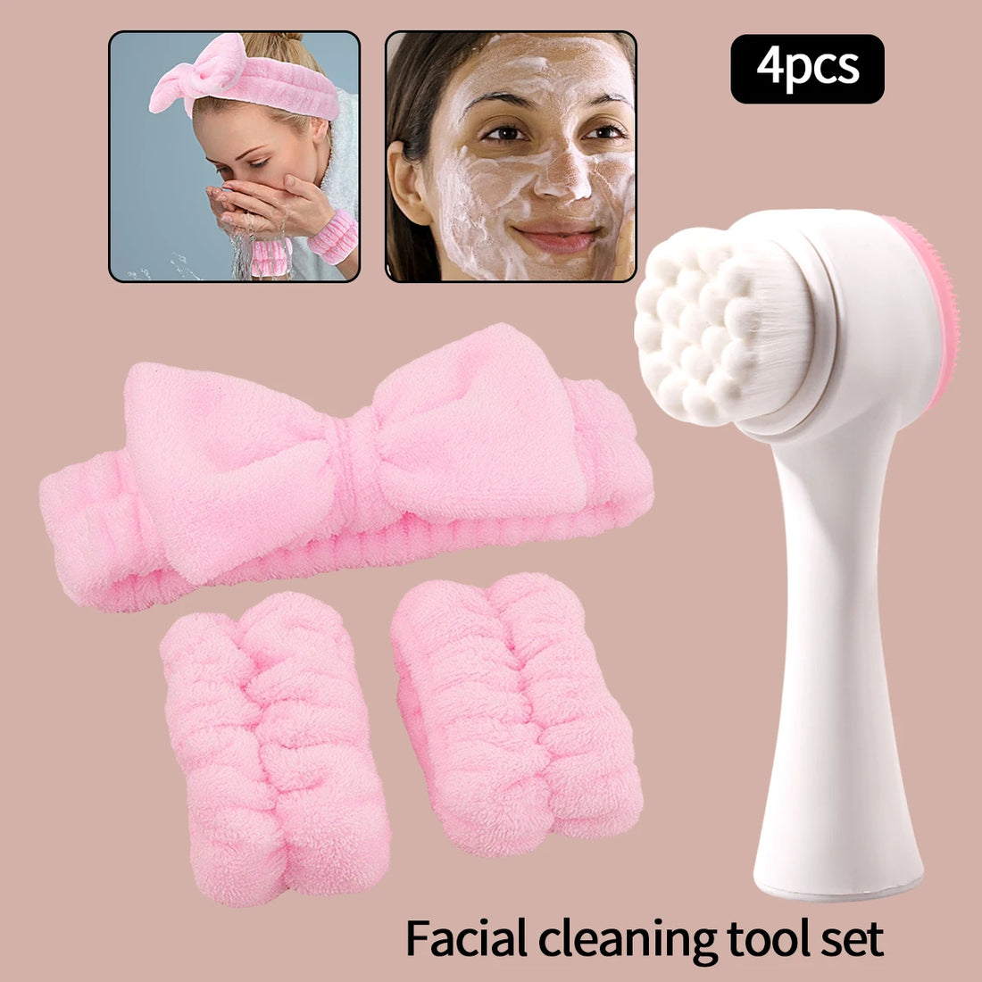 Facial cleaning tool set with pink bow, scrubber, and white brush on a beige background.
