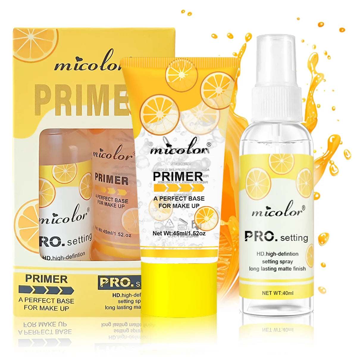 Micolor makeup products including primer and setting spray with lemon design on a white background