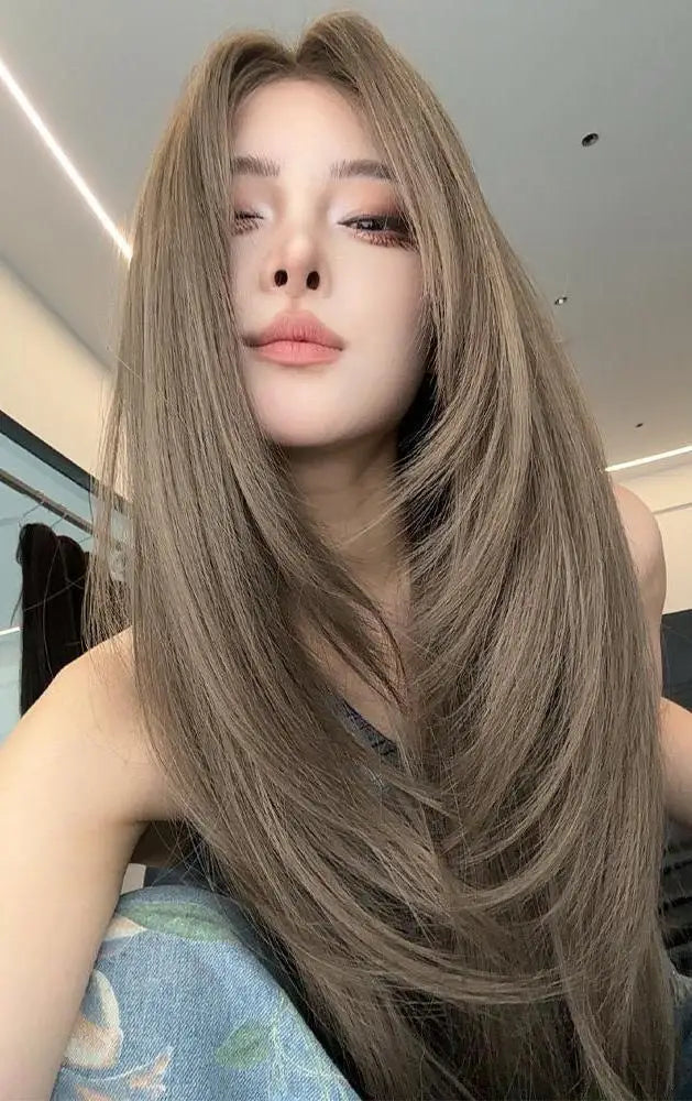 Green Brown Long Straight Synthetic Wig – 24 Inch