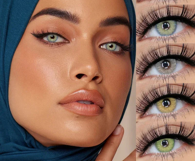 Woman wearing a hijab with close-up of green eyes and contact lenses labeled 'EYESHARE'.