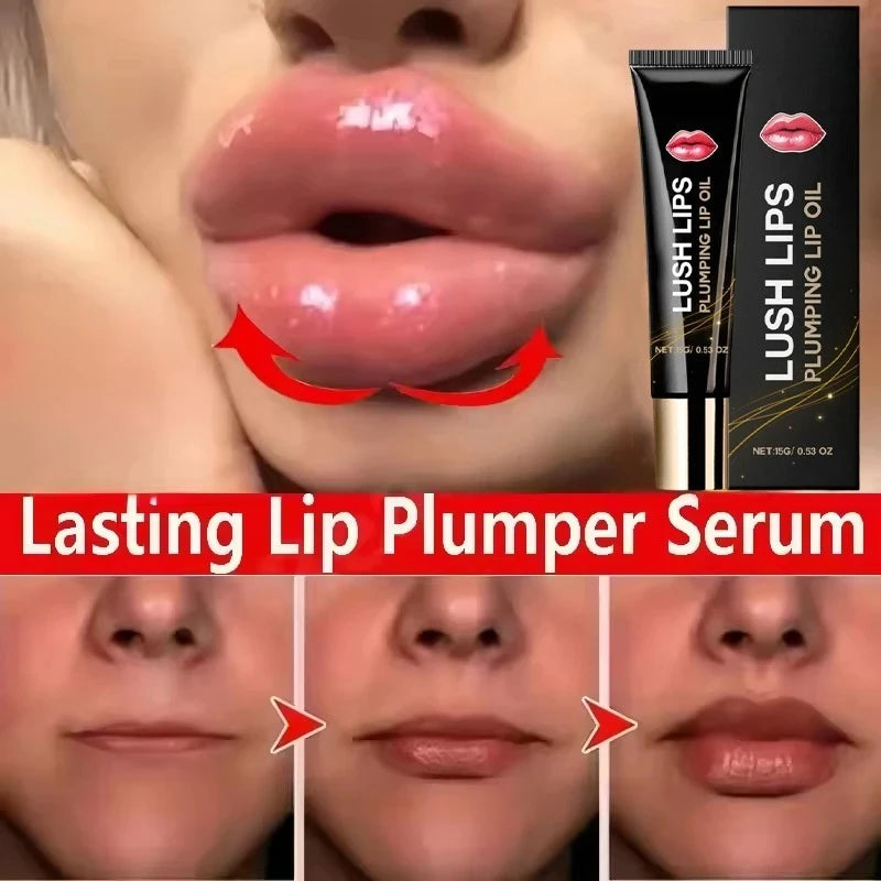 Lush Lips plumping lip oil with before and after effects on lips.