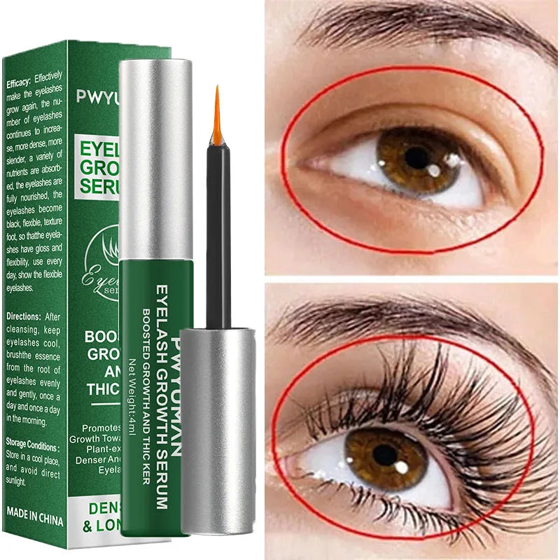 Eyelash growth serum with packaging, close-up of eye before and after use.