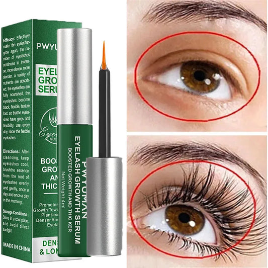 Eyelash growth serum with packaging, close-up of eye before and after use.