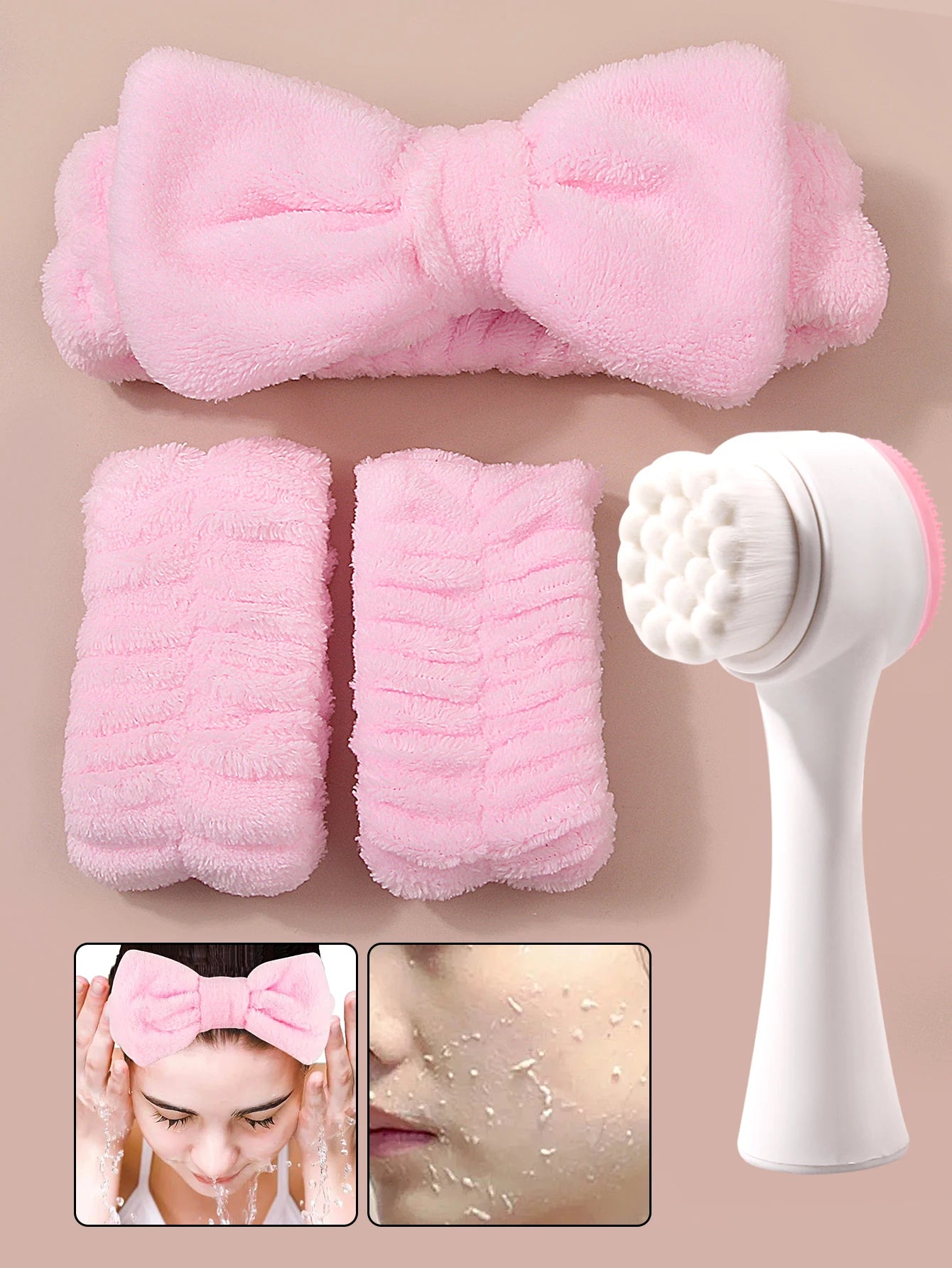 Spa Headband &amp; Wristband Set with 2-in-1 Facial Cleansing Brush