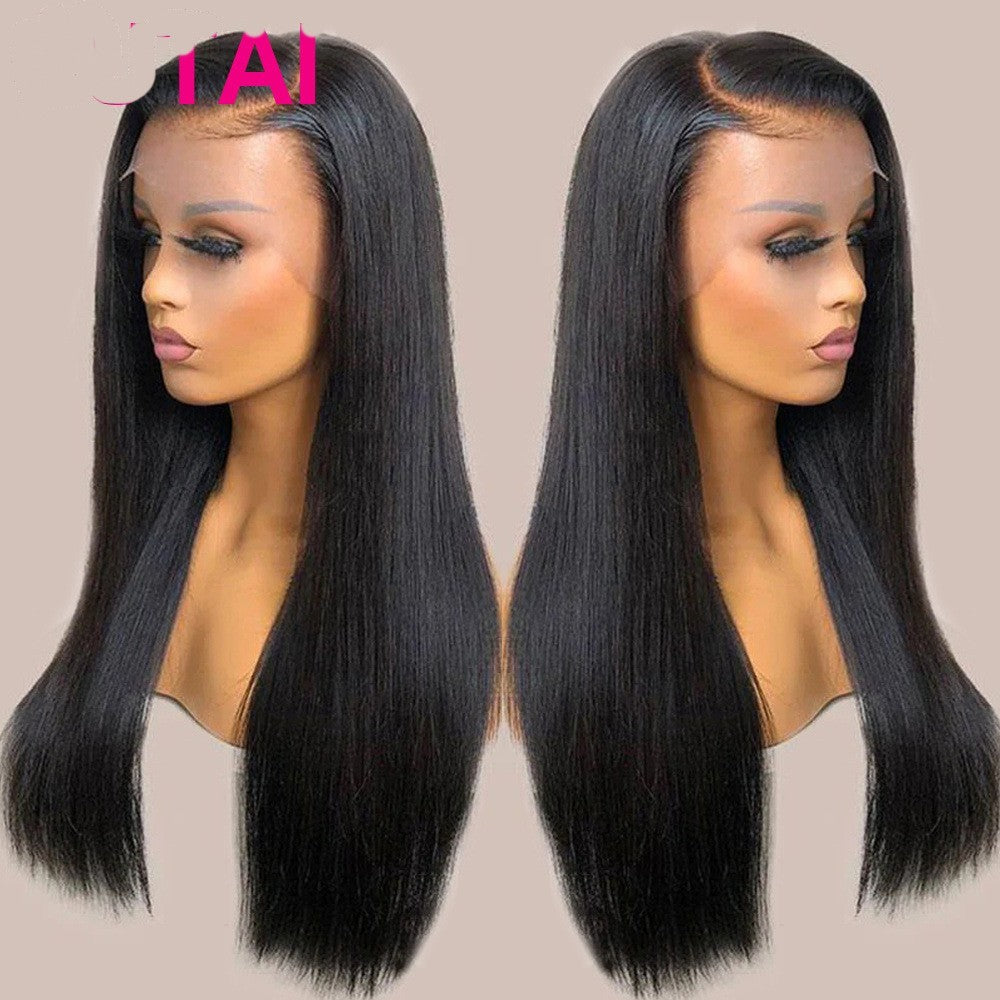 Collage of a black wig on a mannequin head, styled in a high bun, and from the back.