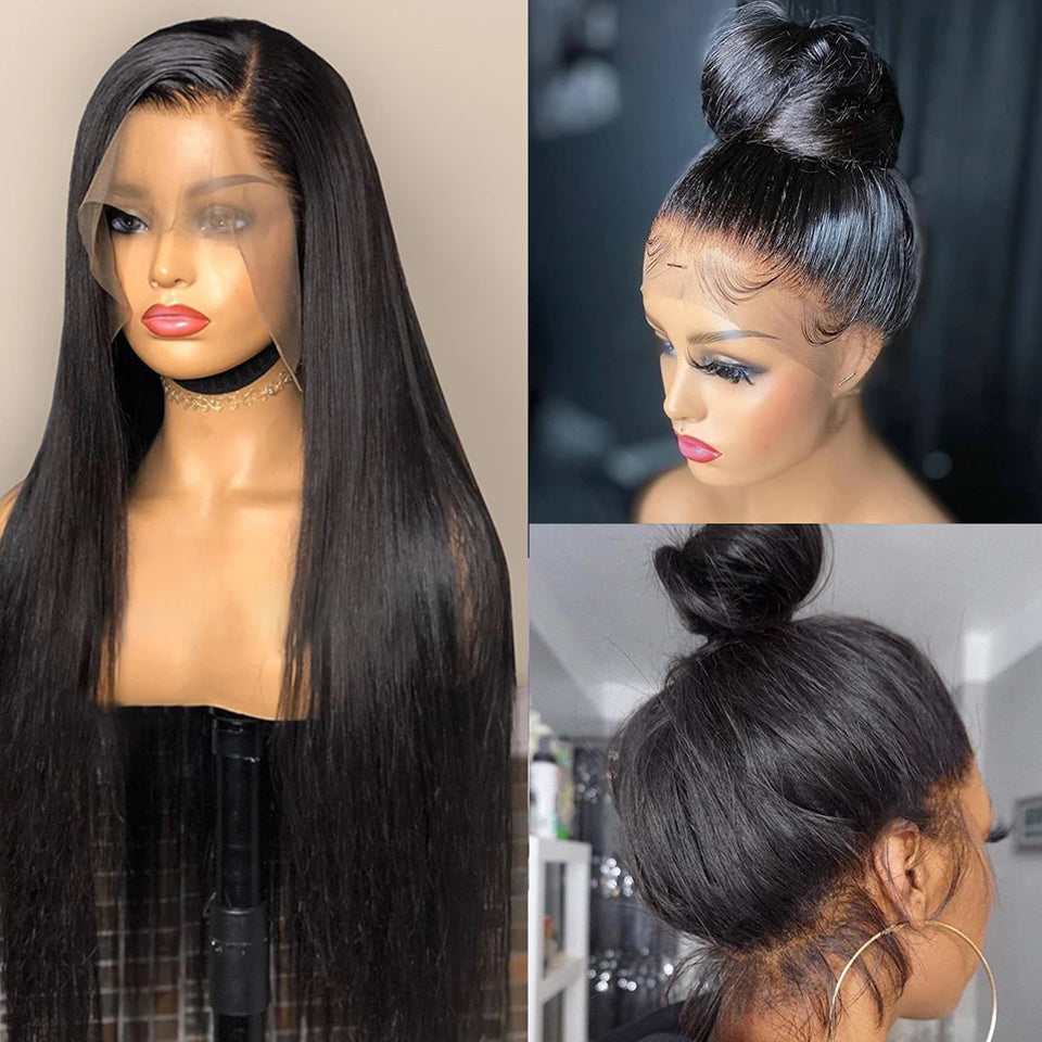 Collage of a black wig on a mannequin head, styled in a high bun, and from the back.