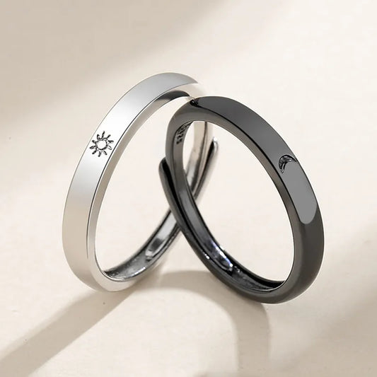 Simple Couple Ring Silver Plated Sun Moon Adjustable Open Ring - ARTEJOA